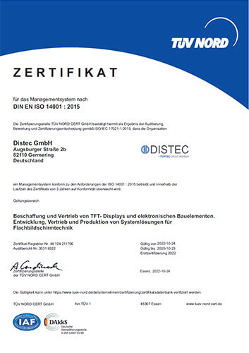 ISO 14001 Zertifikat Distec Germering